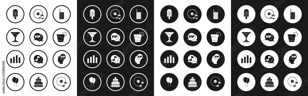 Set Firework rocket, Vip in speech bubble, Cocktail, Ice cream, Vinyl disk, inside head and Music equalizer icon. Vector Set Firework rocket, Vip in speech bubble, Cocktail, Ice cream, Vinyl disk, inside head and Music equalizer icon. Vector