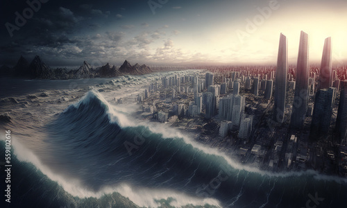 Huge tsunami destroying a city. Dramatic scenery with a big wave flooding the lanscape. Natural disaster concept art. Generative ai