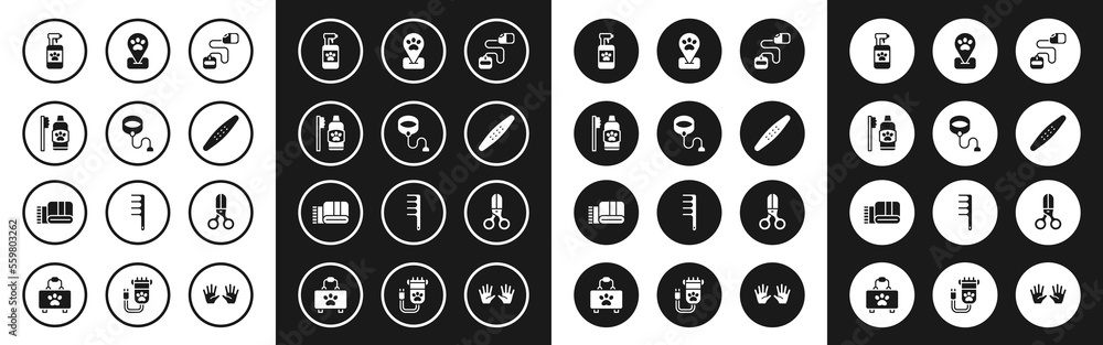 Set Retractable cord leash, Dental hygiene for pets, Pet shampoo, Nail file, Location grooming, Scissors hairdresser and Towel stack icon. Vector Set Retractable cord leash, Dental hygiene for pets, Pet shampoo, Nail file, Location grooming, Scissors hairdresser and Towel stack icon. Vector