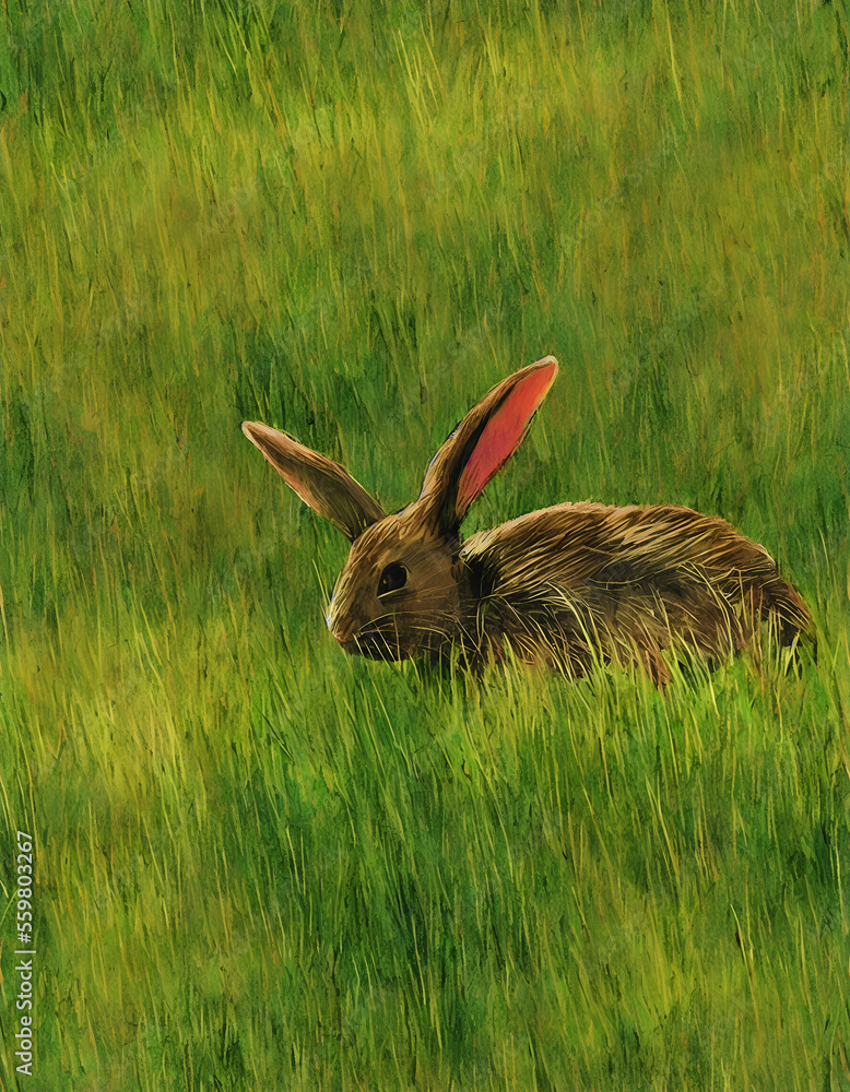 Obraz premium Ginger bunny in grass, cute rabbit hiding in green grass, seamless tile, adorable spring feeling, illustration, generative art