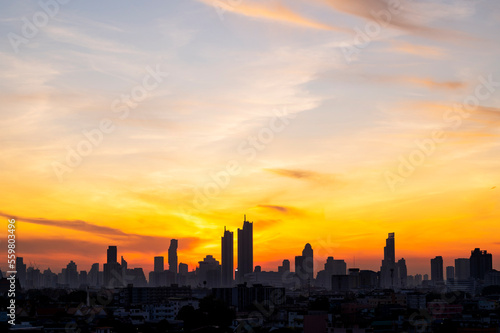 cityscape of Bangkok city skyline silhouette with sunset sky background  Bangkok city is modern metropolis of Thailand and favorite of tourists