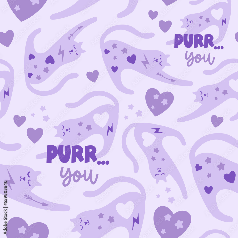 Valentine cats vector seamless pattern. Cute cats digital paper