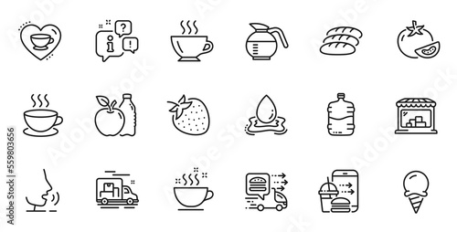 Outline set of Bread, Coffeepot and Food delivery line icons for web application. Talk, information, delivery truck outline icon. Include Food order, Coffee cup, Cappuccino icons. Vector