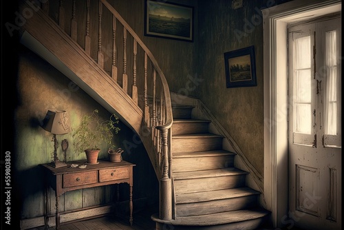 a staircase leading to a door and a table with a lamp on it and a painting on the wall above it and a door with a window and a door with a window on the.