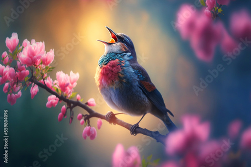The bird standing on cherry blossom branch. Generative AI	