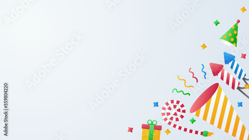 Party Illustration vector Graphic blue background, gift boxes, firecrackers, and  trumpet with copy space