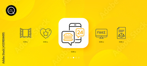 Food app, Ranking star and Legal documents minimal line icons. Yellow abstract background. Fake news, Open door icons. For web, application, printing. Meal order, Love rank, Justice scale. Vector