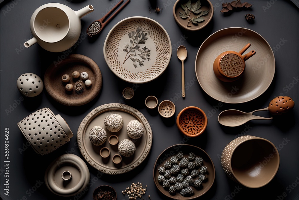 a table topped with lots of different types of dishes and bowls and spoons and cups and bowls and spoons and spoons and a black background with a black background with a black.