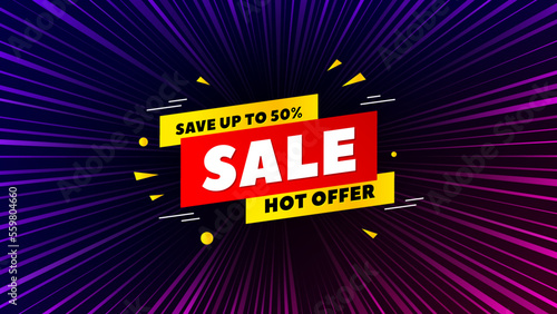 Sunburst ray beam banner. Sale 50 percent off banner. Discount sticker shape. Hot offer icon. Offer explosion background. Sun burst ray effect. Sale 50 percent badge. Vector