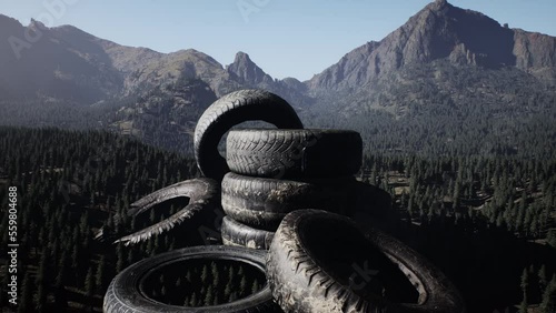Abandoned car tires in mountains