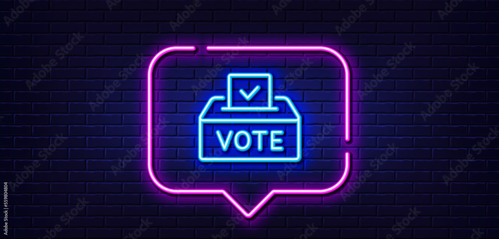 Neon light speech bubble. Vote box line icon. Voting ballot sign. Public election symbol. Neon light background. Vote box glow line. Brick wall banner. Vector Neon light speech bubble. Vote box line icon. Voting ballot sign. Public election symbol. Neon light background. Vote box glow line. Brick wall banner. Vector
