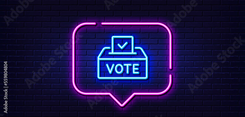 Neon light speech bubble. Vote box line icon. Voting ballot sign. Public election symbol. Neon light background. Vote box glow line. Brick wall banner. Vector