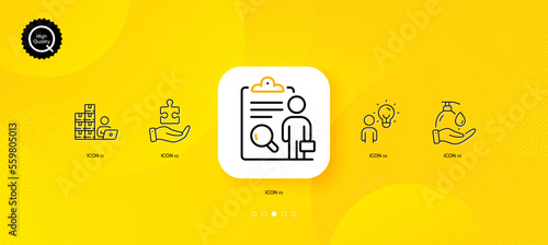 Group people, Inspect and Wash hands minimal line icons. Yellow abstract background. Puzzle, Inventory icons. For web, application, printing. Business meeting, Research list, Liquid soap. Vector