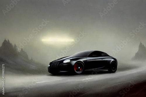 A black car is driving on the road at night  fog  dark background.