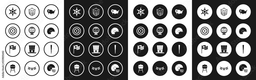 Set USA map, Medal with star, American shield, Hexagram sheriff, Baseball helmet, Shield stars, bat and flag icon. Vector Set USA map, Medal with star, American shield, Hexagram sheriff, Baseball helmet, Shield stars, bat and flag icon. Vector