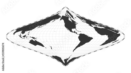 Vector world map. Foucaut's stereographic equivalent projection. Plain world geographical map with latitude and longitude lines. Centered to 120deg E longitude. Vector illustration. photo