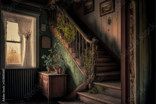 a painting of a staircase with a plant on the side of it and a window in the background with a curtained window behind it and a wooden cabinet with a plant on the side.