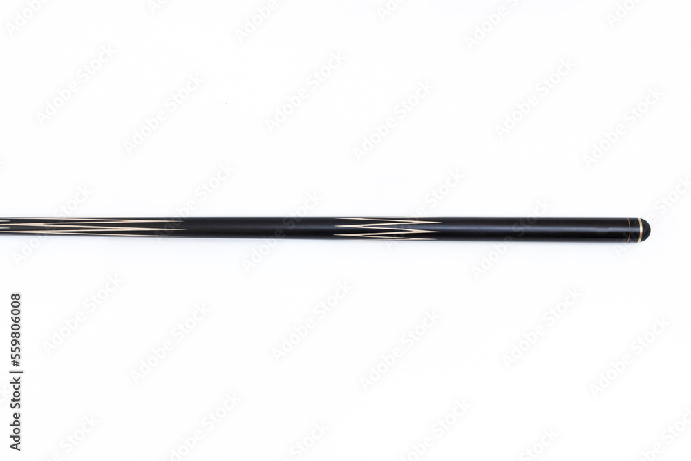 Billiard cues on a white background. Parts of a billiard cue close-up. Live photos of a billiard cue.