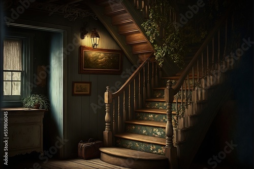a painting of a stairway with a suitcase on the floor and a painting on the wall above it that says  the stairs are made of wood and the stairs are painted with a dark.