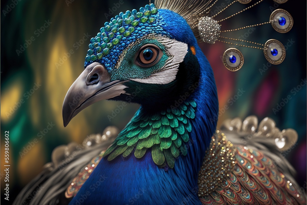 a peacock with a blue and green feathers and a gold crown on its head ...