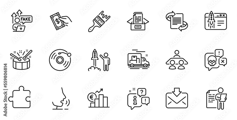 Outline set of Launch project, Start business and Incoming mail line icons for web application. Talk, information, delivery truck outline icon. Vector