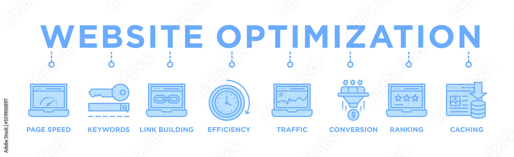 Website optimization banner web icon vector illustration concept with icon of page speed, conversion rate, website traffic, efficiency, keywords, ranking, caching, link building Website optimization banner web icon vector illustration concept with icon of page speed, conversion rate, website traffic, efficiency, keywords, ranking, caching, link building