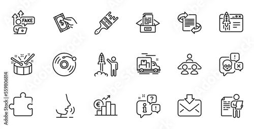 Outline set of Launch project, Start business and Incoming mail line icons for web application. Talk, information, delivery truck outline icon. Vector