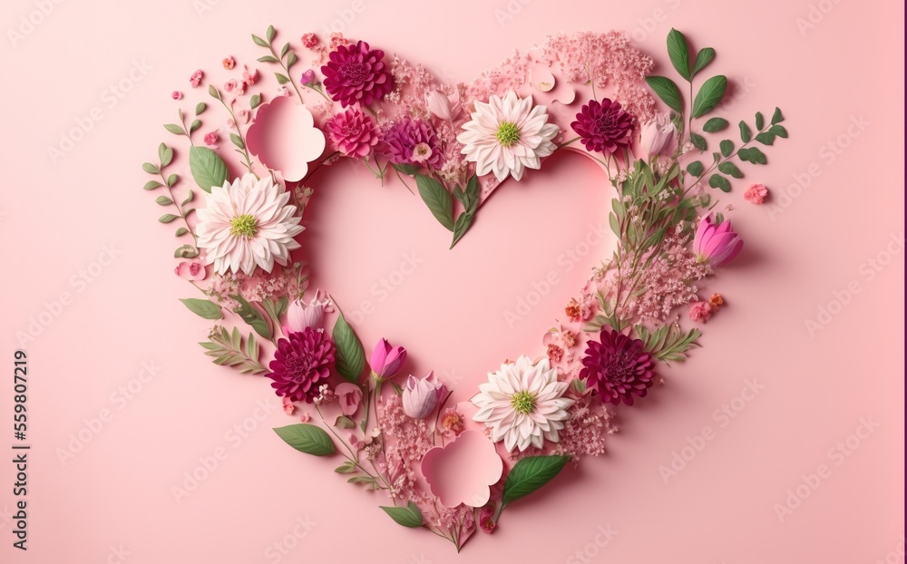 Valentine's Day flower arrangement in shape of a heart on pastel pink background