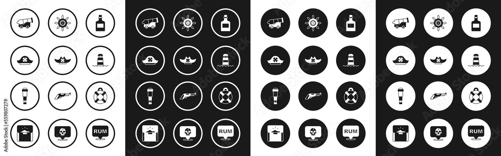 Set Alcohol drink Rum, Pirate hat, Cannon, Lighthouse, Ship steering wheel, Lifebuoy and Spyglass telescope lens icon. Vector Set Alcohol drink Rum, Pirate hat, Cannon, Lighthouse, Ship steering wheel, Lifebuoy and Spyglass telescope lens icon. Vector