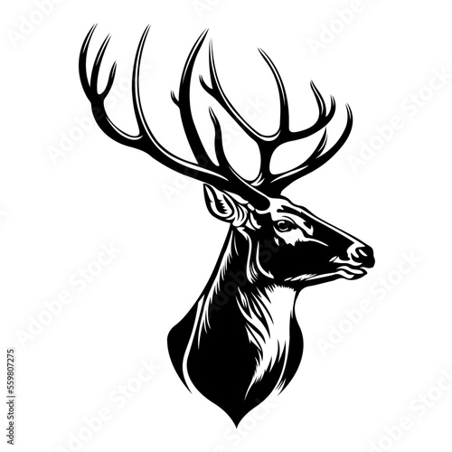 Simple deer head big antlers logo vector animal icon monograms, Black and white silhouette isolated
