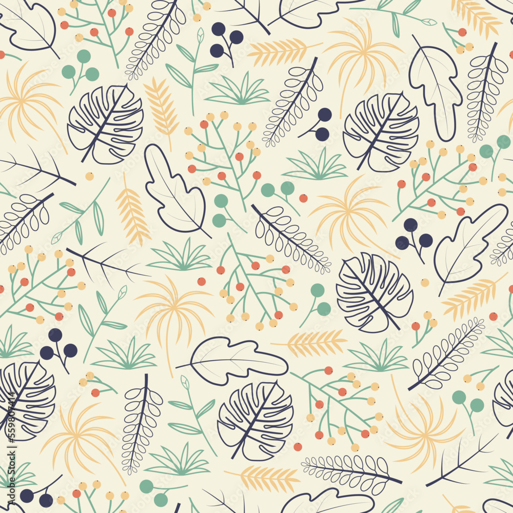 Dainty floral seamless surface pattern of tropical monstera leaves and berries. Allover foliage repeating textured background Dainty floral seamless surface pattern of tropical monstera leaves and berries. Allover foliage repeating textured background