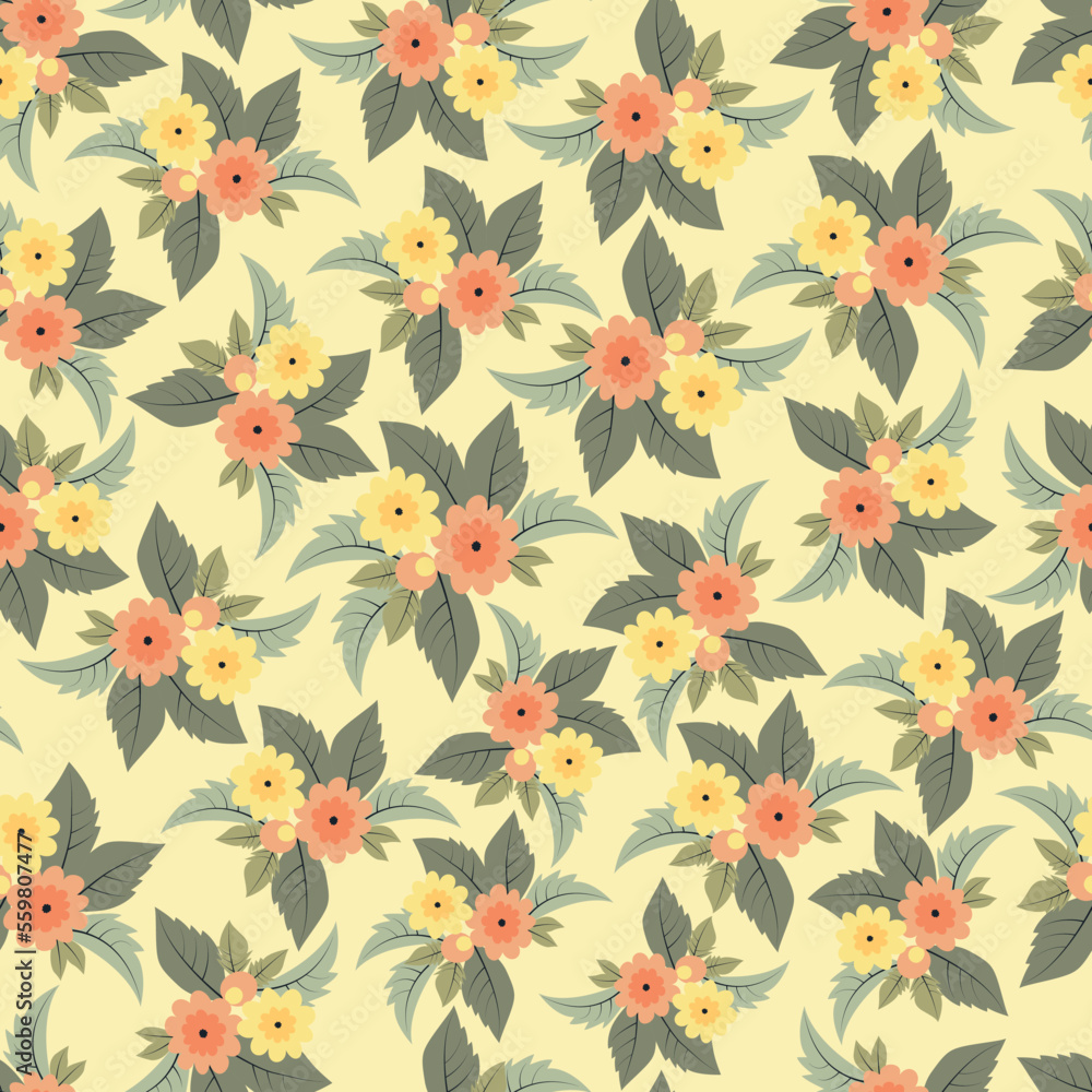Dainty floral seamless surface pattern of wildflower bouquet. Aesthetic flower arrangement. Tileable foliage texture background