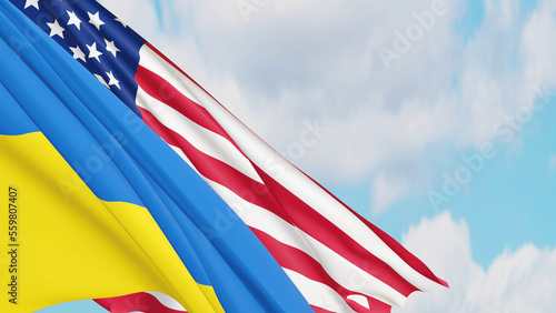 American and Ukrainian flags waving in the wind. 3D render illustration.