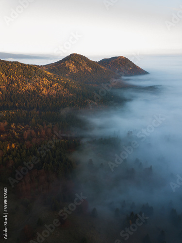 Aerial view of mountains in low clouds at sunrise in autumn season. Transylvania,Romania.