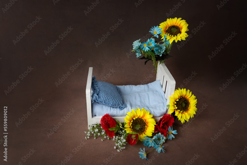 Newborn photography digital background wooden bed with flower arrangement. Background photo of