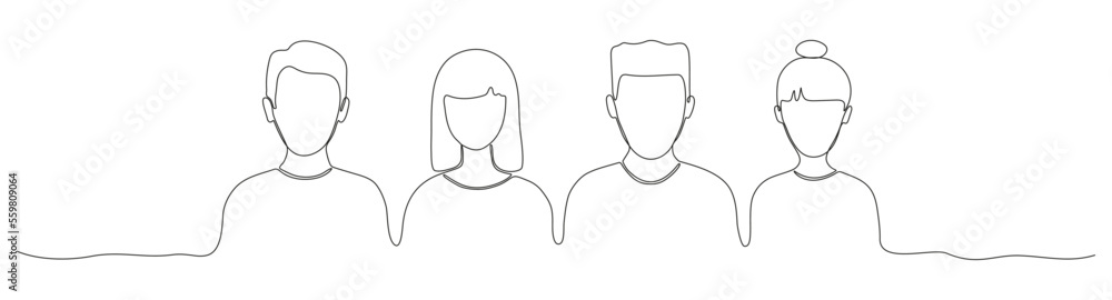Continuous line drawing group of people. Men and women in line art style. Business team contour drawn. Vector illustration isolated on white. Continuous line drawing group of people. Men and women in line art style. Business team contour drawn. Vector illustration isolated on white.