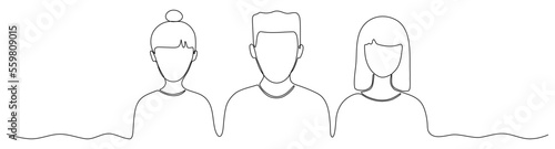 People continuous line drawing. Men and women in line art style. Business team contour drawn. Vector illustration isolated on white.