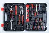 Toolbox with hand instruments for repair, close up. Set of hand tools for maintenance on white background