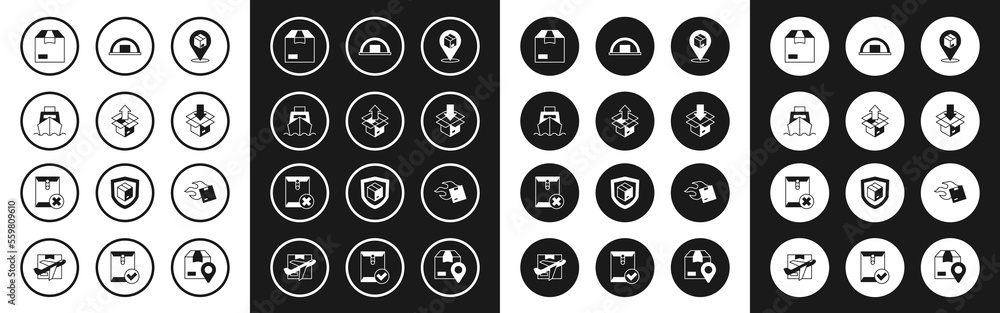 Set Location with cardboard box, Unboxing, Cargo ship boxes delivery, Carton, Warehouse, and Delete envelope icon. Vector Set Location with cardboard box, Unboxing, Cargo ship boxes delivery, Carton, Warehouse, and Delete envelope icon. Vector