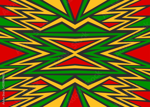 Abstract background with colorful triangle and zigzag lines pattern and with Jamaican color theme. Mosaic tile pattern