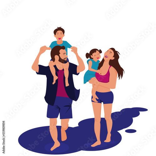 Son riding father’s necK and Young mother holding daughter in her hand are walking and happily together on white background. Vector isolate flat design illustration of smiling and laughing people.
