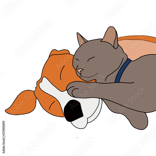 Cat sleeps on dog's face. Animal friendship. Cute cat sleeping on top of a dog. A dog and a cat sleep next to each other.