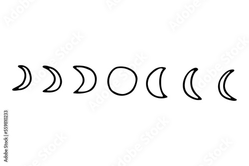 Outline Space doodle image. Hand-drawn Moon phases isolated on white background. Outline astronomical object. Universe sketch sign. Astronomy, astrology, cosmos symbol. Vector science illustration