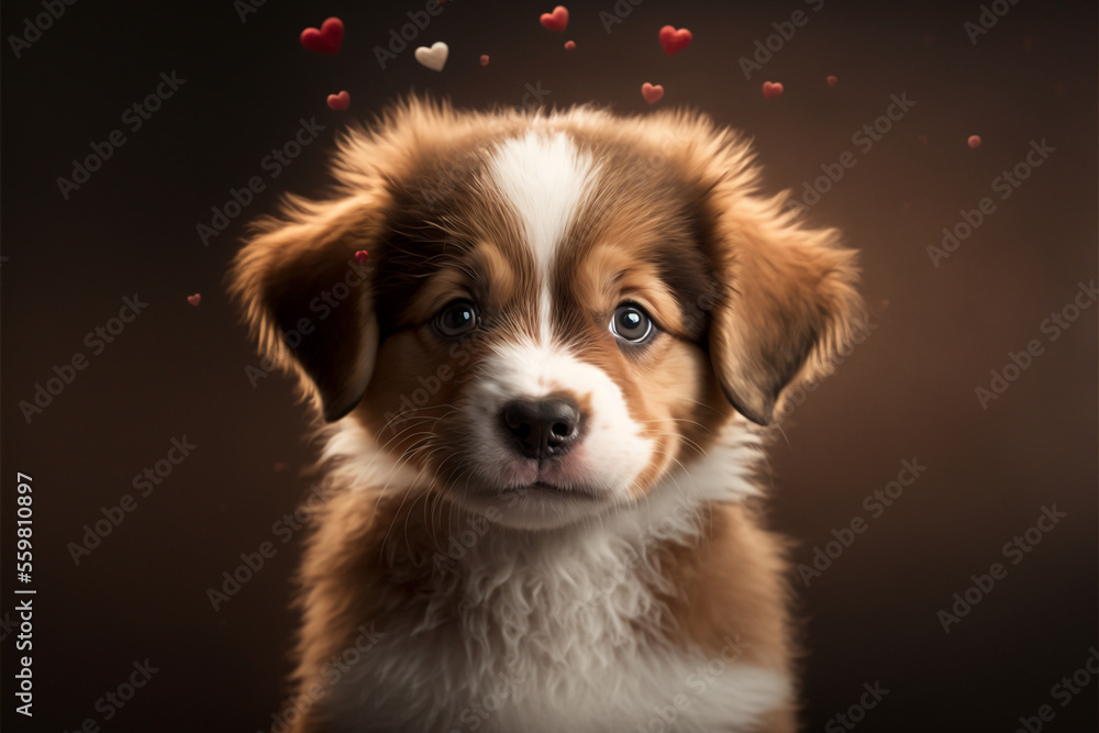 Generative ai very cute and romantic puppy dog isolated on hearts background. Generative ai very cute and romantic puppy dog isolated on hearts background.