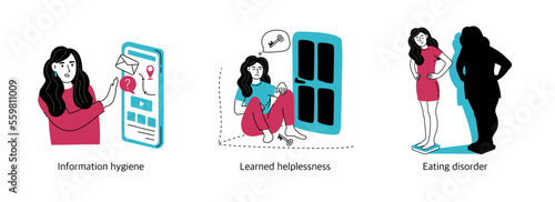 Set of concepts of mental health and psychology. Psychological disorders, various positive, negative states of people. Vector illustration isolated on a white background.