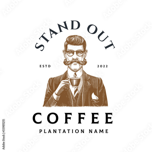 Vintage Style Coffee Logo with Hipster Character