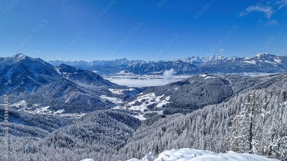 Fototapeta premium Scenic view of snow capped mountain peak Dobratsch, Julian Alps and the Karawanks (Karawanken) seen from Kobesnock in Bad Bleiberg, Carinthia, Austria, Europe. Winter wonderland landscape on sunny day