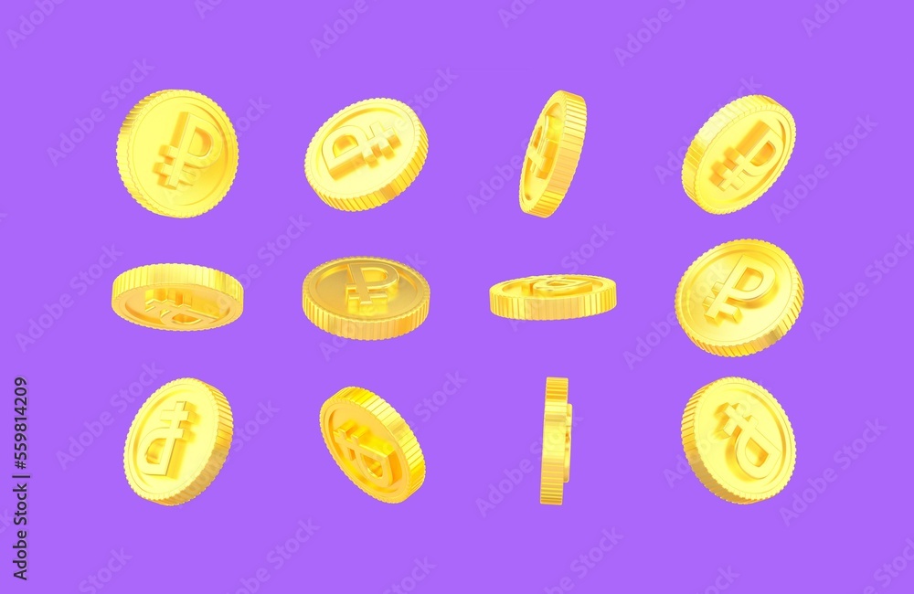 3d rendering rubbles Coins. Golden coin with ruble sign floating and isolated on violet background.360 degrees rotation. 