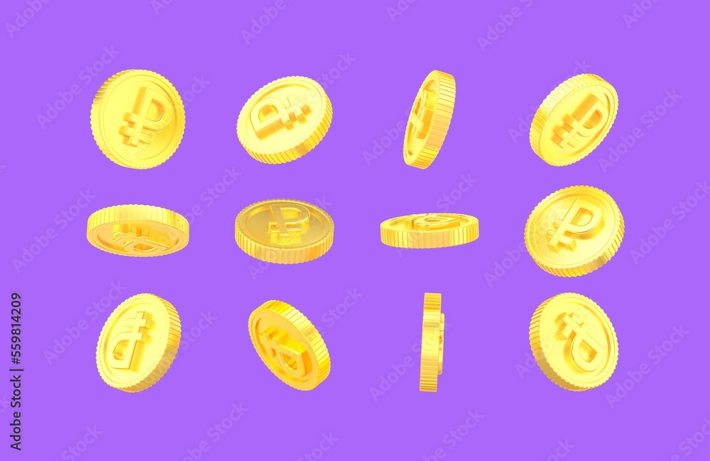 3d rendering rubbles Coins. Golden coin with ruble sign floating and isolated on violet background.360 degrees rotation. 3d rendering rubbles Coins. Golden coin with ruble sign floating and isolated on violet background.360 degrees rotation.
