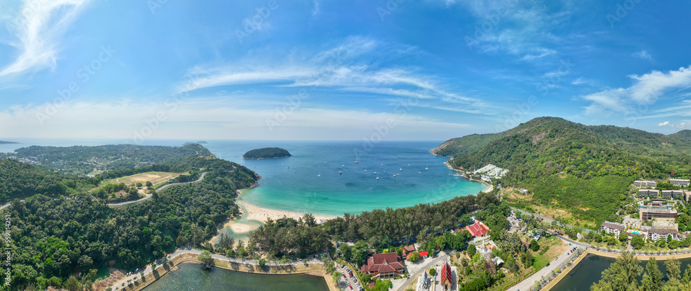 Fototapeta premium Amazing Panorama view seashore and mountains, Aerial view of Tropical sea in the beautiful Phuket island Thailand, Travel and business tour website background concept